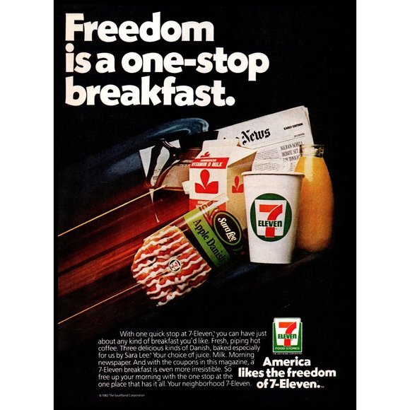 1982 7 Eleven Convenience Store Vintage Print Ad Freedom Breakfast Spot Wall Art - Picture 1 of 1